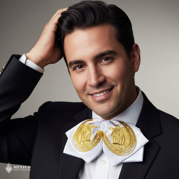 White Mexican Embroidered Charro Moño – Traditional Satin Mariachi Bow Tie - Picture 3 of 6